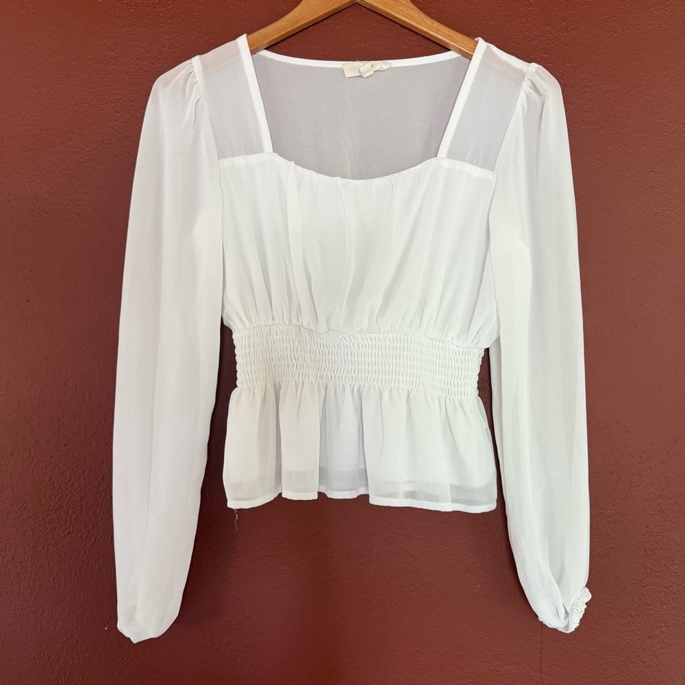 Women's White Sheer Chiffon Blouse Square Neck Long Sleeve Smocked Peplum Top